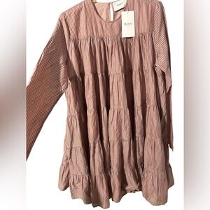 Merlette New York Tiered Striped Long Sleeve Tunic Dress Blouse Pink